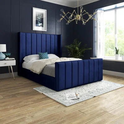 The Range Romano Straight Winged Upholstered Soft Velvet Bed Frame - Blue / King