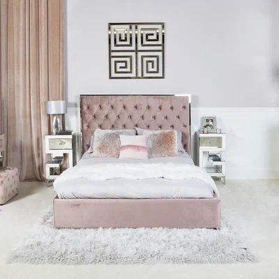 Teddy Beau Deco Home Rose Pink King Size Bed With Chrome Frame And Velvet Style Upholstery