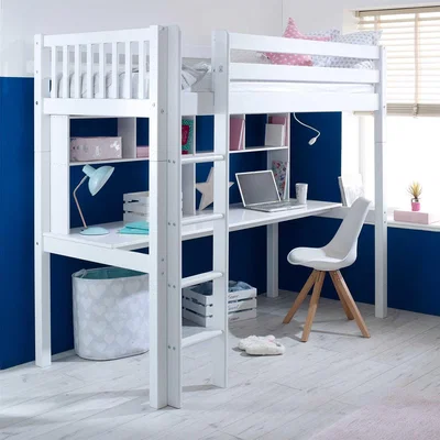 Barker and Stonehouse Ferdie Highsleeper With Long Desk/Shelving Single Bed Frame, White | Barker & Stonehouse