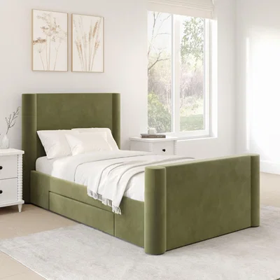 Furniture123 Green Velvet Single Bed Frame with Storage Drawer - Isadora