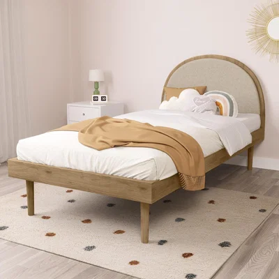 Furniture123 Single Wooden Bed Frame with Beige Linen Headboard - Cara