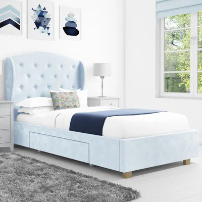 Furniture123 Safina Wing Back Single Bed in Baby Blue Velvet with Underbed Drawer