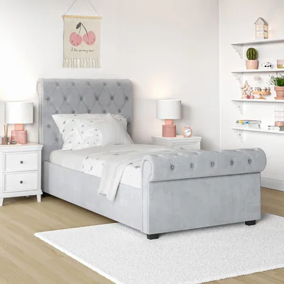 Furniture123 Safina Grey Velvet Single Sleigh Bed with Roll Top Headboard