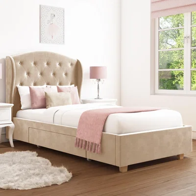 Furniture123 Safina Beige Velvet Single Bed with Drawer and Winged Headboard