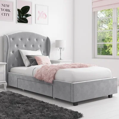 Furniture123 Safina Grey Velvet Single Bed with Drawer and Winged Headboard