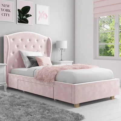 Furniture123 Safina Blush Pink Velvet Single Bed with Storage Drawer and Winged Headboard