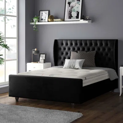 The Range Aurora Chesterfield Wing Plush Velvet Bed Frame with Matching Buttons - Black / Single
