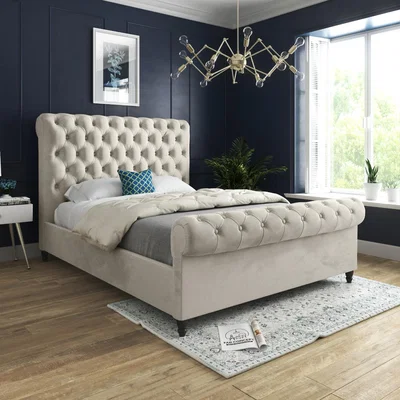 The Range Sienna Sleigh Upholstered Soft Velvet Bed Frame - Cream / Small Single