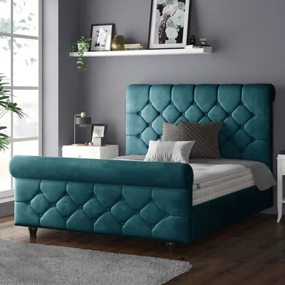 The Range Jasmine Velvet Chesterfield Sleigh Plush Velvet Bed Frame - Mallard / Single