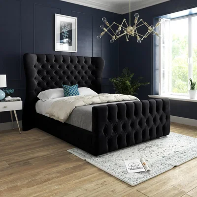 The Range Parma Wide Curved Winged Upholstered Soft Velvet Bed Frame - Black / Single