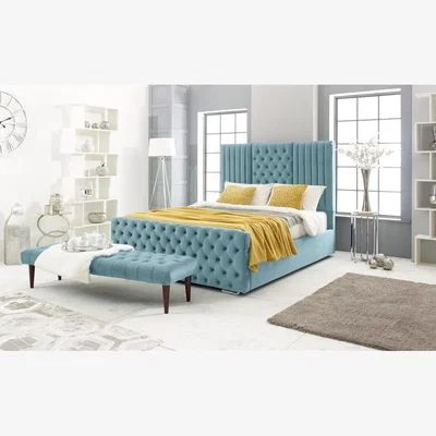 The Range Lorina Plush 4 Inch Solid Thick Bed Frame With Chesterfield Headboard - Duck Egg / Single