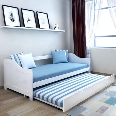 The Range 3ft White Solid Dream Wood Single Day Bed Frame with Underbed Trundle  - White / 2 Mattresses