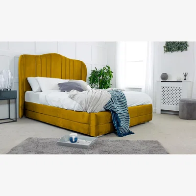 The Range Dorridge Plush 4 Inch Solid Thick Bed Frame With Winged Headboard - Mustard Gold / Single
