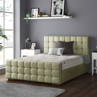 The Range Cube Chesterfield Plush Velvet Bed Frame with Diamonds - Light Green / Single