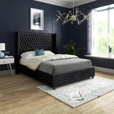 The Range Volta Straight Winged Upholstered Soft Velvet Bed Frame - Black / Single