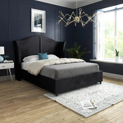 The Range Zampa Curved Top Curved Winged Upholstered Soft Velvet Bed Frame - Black / Small Single