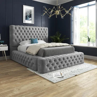 The Range Cambridge Upholstered Soft Velvet Fabric Buttons Bed   - Blue / Single