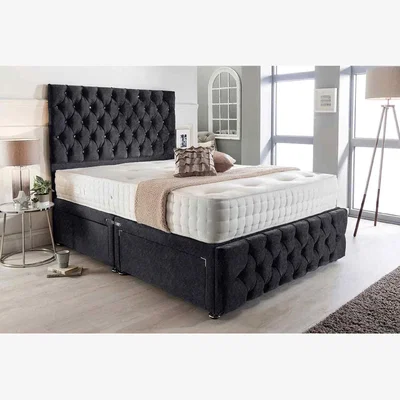 The Range Merina Divan Bed Set with Tall Headboard Mattress-Crushed, 2 Drawers Left Side - Black / Small Single