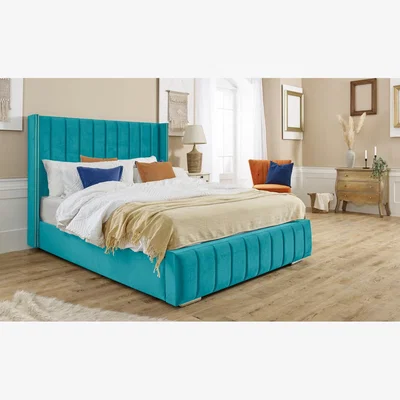 The Range Hemmel Plush 4 Inch Solid Thick Bed Frame With Chesterfield Headboard - Teal / Single
