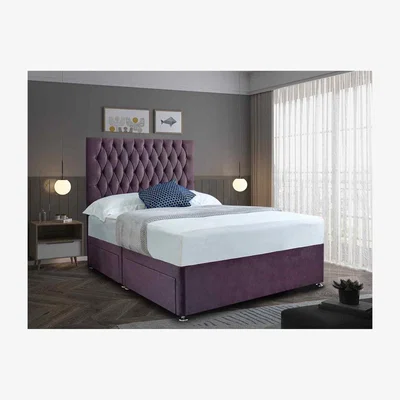The Range Jemma Divan Bed with Headboard Mattress-Chenille Fabric, 2 Drawers Left Side - Purple / Small Single