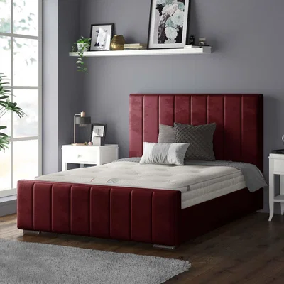 The Range Nala Vertical Striped Plush Velvet Bed Frame - Burgundy / Single