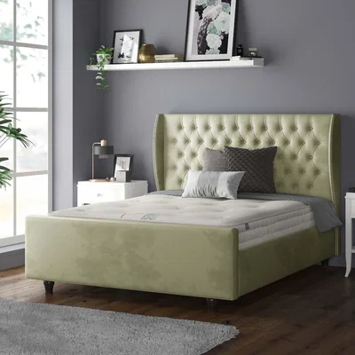 The Range Aurora Chesterfield Wing Plush Velvet Bed Frame with Matching Buttons - Light Green / Single