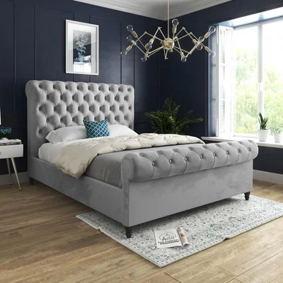 The Range Sienna Sleigh Upholstered Soft Velvet Bed Frame - Grey / Small Single