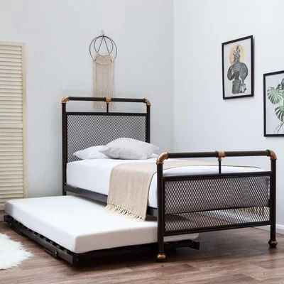 The Range Cambridge Industrial Style Single Metal Bed Frame With Folding Guest Bed Trundle - Brown