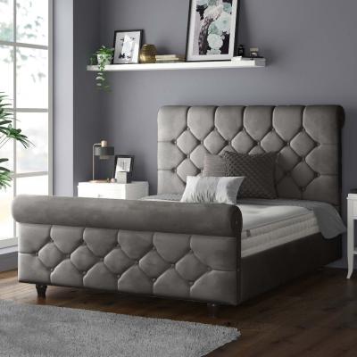 The Range Jasmine Velvet Chesterfield Sleigh Plush Velvet Bed Frame - Grey / Single