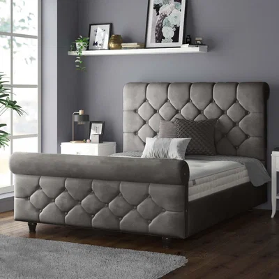 The Range Jasmine Velvet Chesterfield Sleigh Plush Velvet Bed Frame - Grey / Single