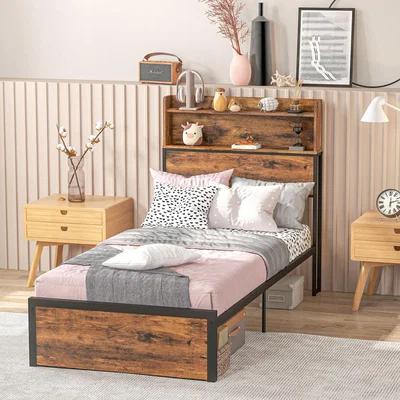 The Range Steel Bed Frame with Storage Headboard - Rustic Brown, Black / Single