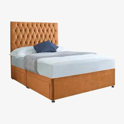 The Range Jemma Divan Bed Set with Headboard and Mattress - Plush Fabric, Non Storage - Mustard / Single