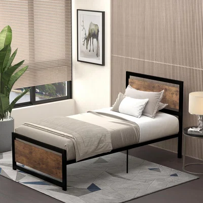 The Range Single Size Metal Bed Frame - Black, Rustic Brown