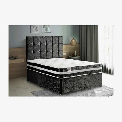 The Range Delia Divan Bed Set with Headboard Mattress-Chenille, 2 Drawers Right Side - Black / Single