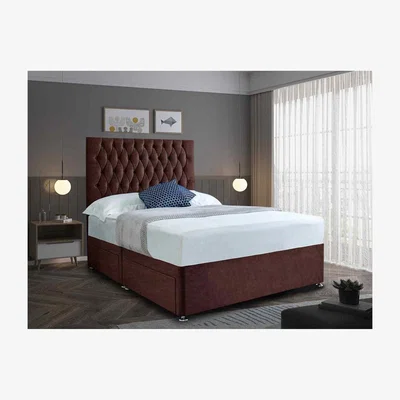 The Range Jemma Divan Bed Set with Headboard Mattress-Chenille, 2 Drawers Right Side - Brown / Single