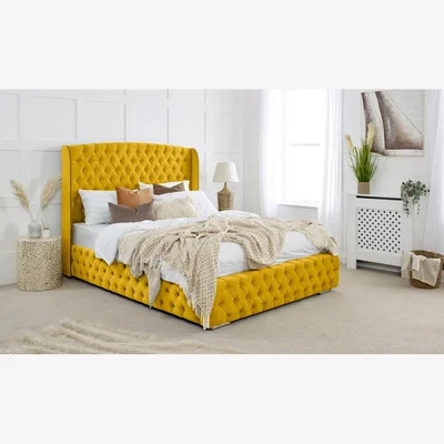 The Range Reily Plush 4 Inch Solid Thick Bed Frame With Winged Headboard - Mustard Gold / Single