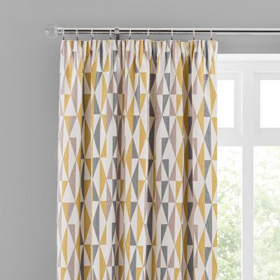Dunelm Elements Triangles Ochre Chenille Pencil Pleat Curtains Yellow, Grey and White