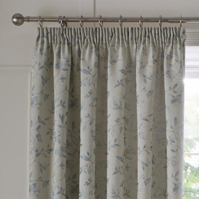 Dunelm Trailing Bird Jacquard Duck Egg Pencil Pleat Curtains Blue and Grey