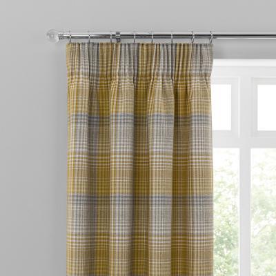 Dunelm Logan Ochre Check Pencil Pleat Curtains Yellow, Grey and White