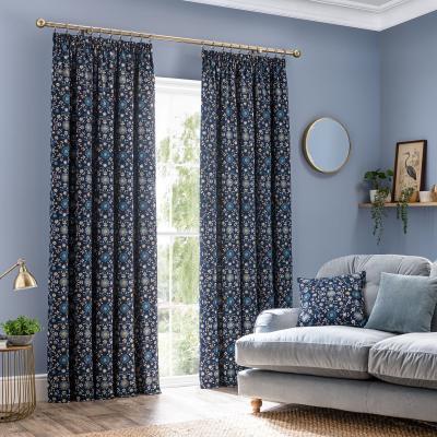 Dunelm Folk Floral Navy Pencil Pleat Curtains Navy