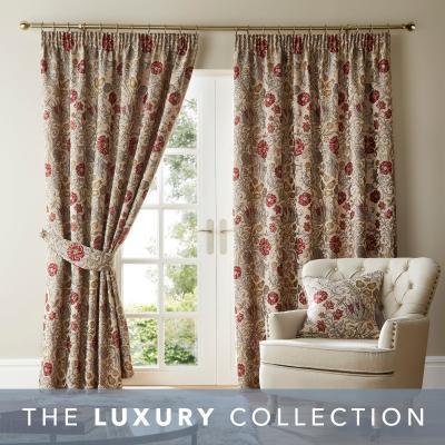 Dunelm Betsy Natural Chenille Jacquard Pencil Pleat Curtains Brown and Red
