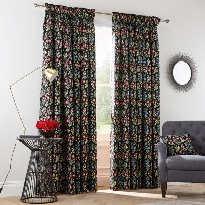 Dunelm V&A Campion Black Floral Pencil Pleat Curtains Black and Gold