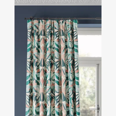 John Lewis Harlequin Melora Pair Lined Pencil Pleat Curtains, Teal/Pink