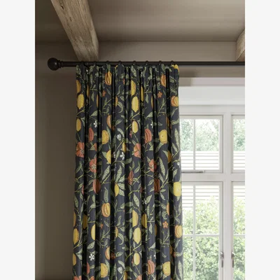 John Lewis Morris & Co. Fruit Pair Lined Pencil Pleat Curtains, Ink Blue