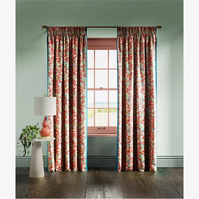 John Lewis Harlequin x Sophie Robinson Wildflower Meadow Pair Lined Pencil Pleat Curtains, Carnelian/Pearl
