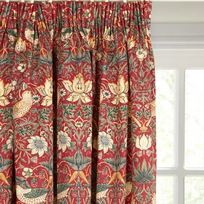 John Lewis Morris & Co. Strawberry Thief Pair Lined Pencil Pleat Curtains, Red