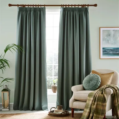 John Lewis Laura Ashley Stephanie Pair Blackout Lined Pencil Pleat Curtains, Fern