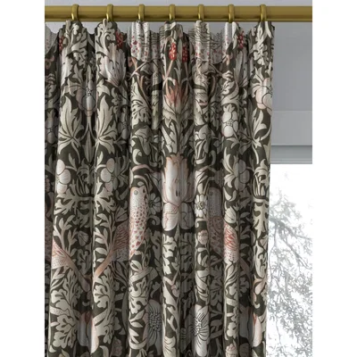 John Lewis Morris & Co. Strawberry Thief Pair Lined Pencil Pleat Curtains, Charcoal/Pink