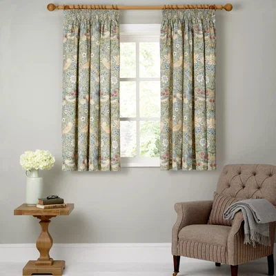 John Lewis Morris & Co. Strawberry Thief Pair Lined Pencil Pleat Curtains, Duck Egg