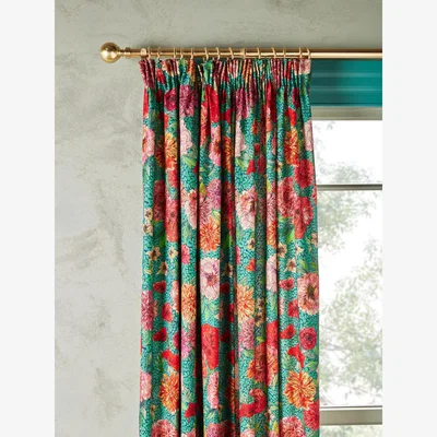 John Lewis John Lewis + Matthew Williamson Leopard Rose Pair Lined Pencil Pleat Curtains, Turquoise